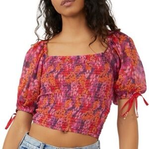 Free People Back On Top Smocked Cropped Puff Sleeve Tie Blouse Red Size Large